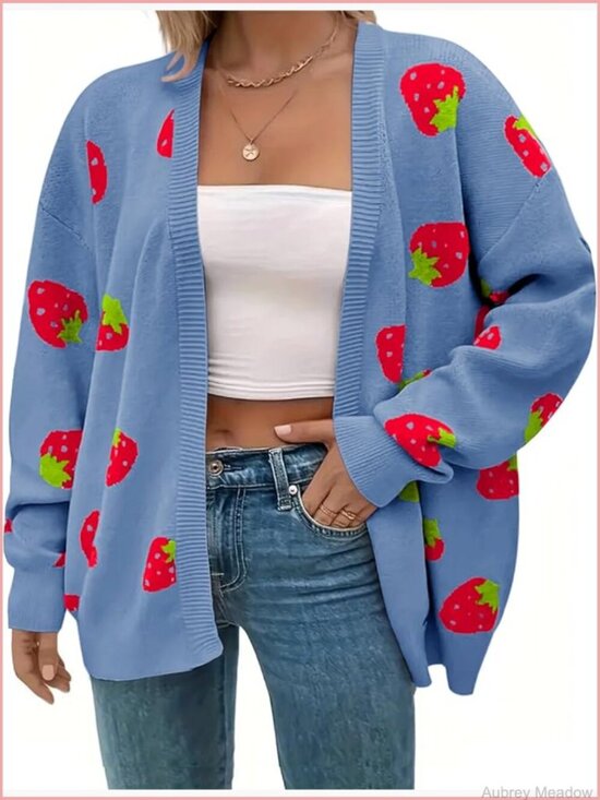Sweaters - Plus Size Strawberry Floral Print Open Front Knit Cardigan Sweater